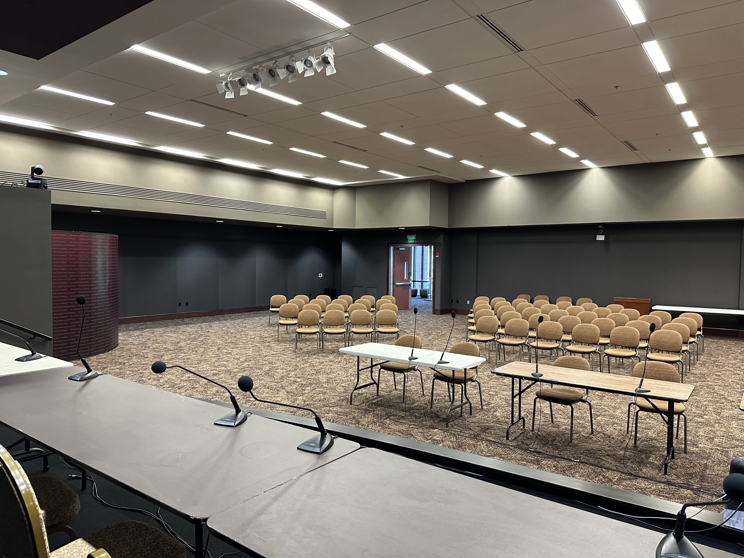 View from the Room 208 stage toward audience seating