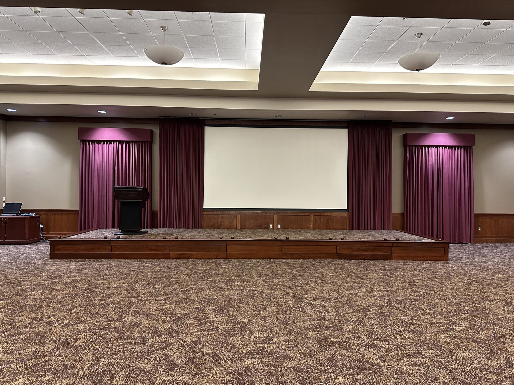 Front presentation area and stage in Room 108