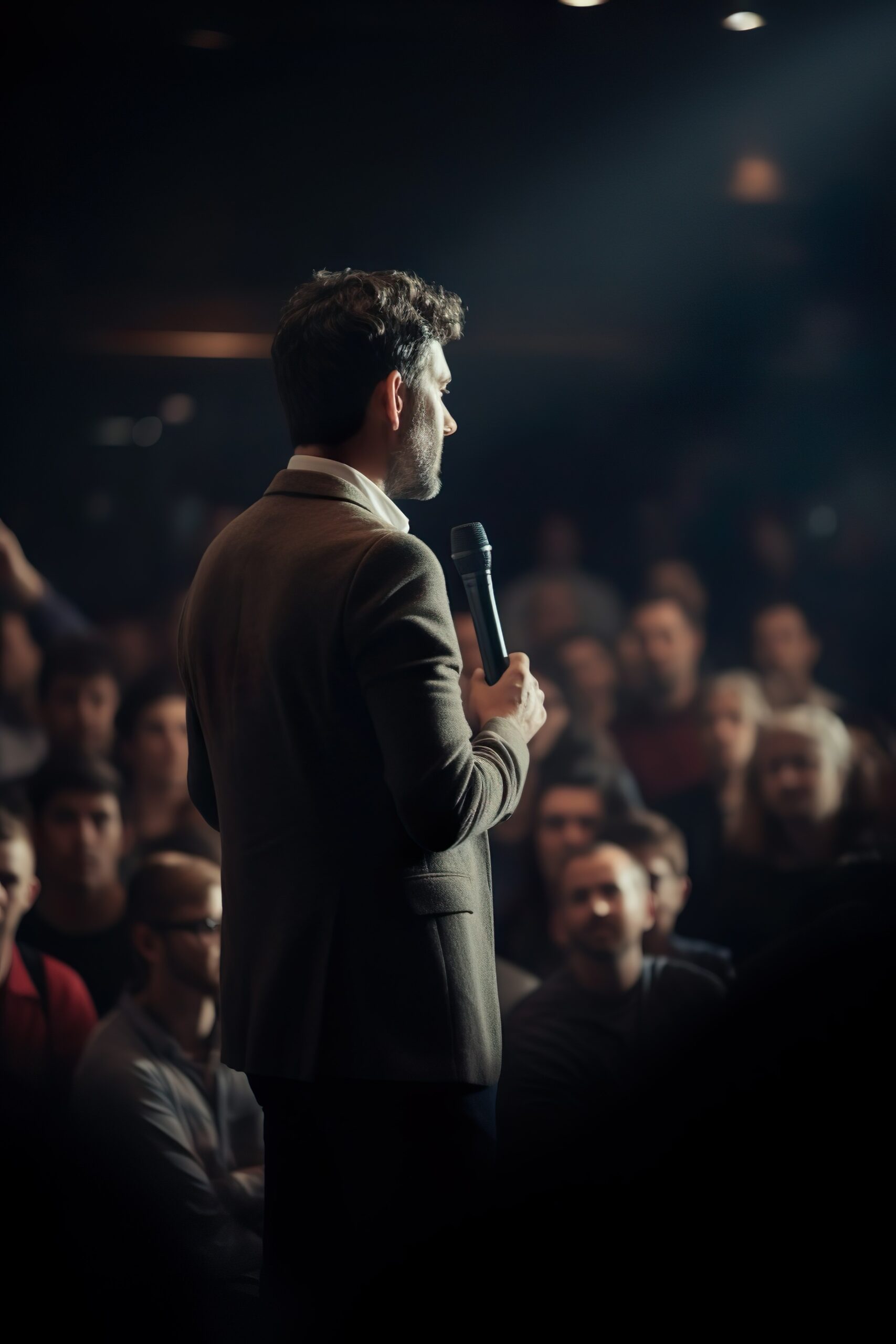 Speaker presenting with a handheld microphone to an audience